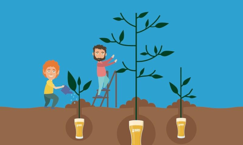 Cartoon van Bird Brewery mannen die bomen planten